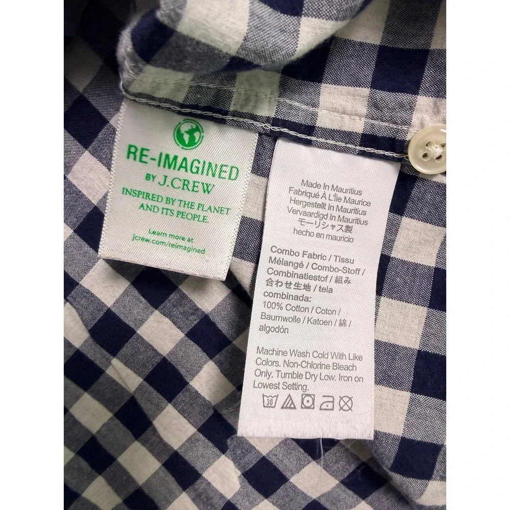 J. Crew Mens XL Slim Untucked Secret Wash Gingham Shirt Navy Blue White Organic